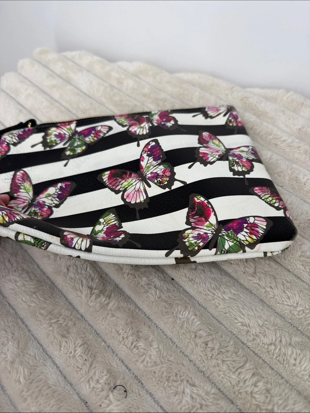 Betsey Johnson Butterfly Stripe Wristlet - Black & White with Pink Accents